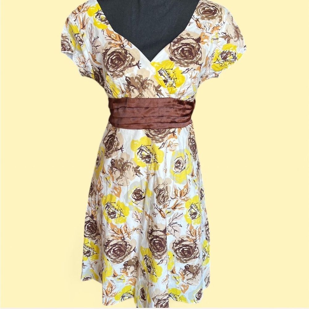 Aviva Premium Vintage Midi Yellow Cream Brown Floral Dress Size M Wedding Guest